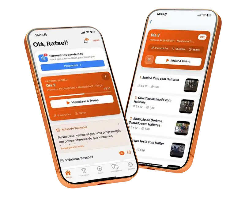 Telas do app TreinoAI usado na consultoria Lund Online